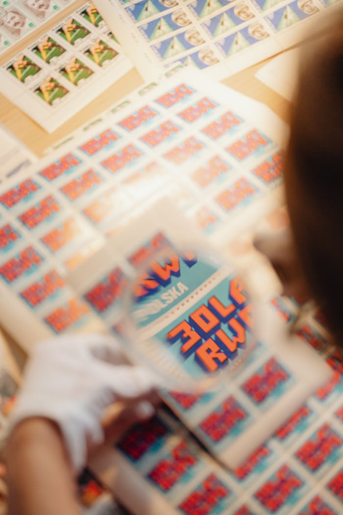 Close-up of gloves using magnifying glass to inspect colorful vintage stamps on a wooden table.